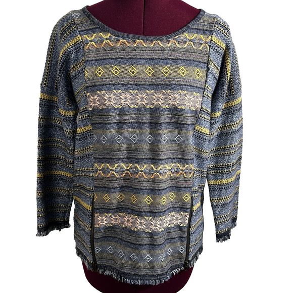 Lucky Brand Womens Sz XS Escape Bohemian Aztec Blue Sweater Exposed Zippers - Picture 3 of 16